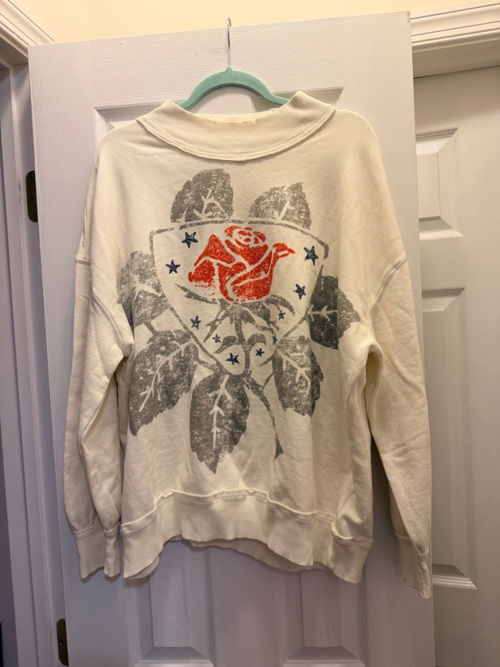 Free People Cream Sweatshirt with Red Rose Graphic